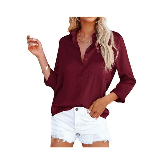Luiryar Women Juniors Button Down Satin Shirts Long Sleeve Plain Relaxed Fit Boyfriend Blouses Tops Streetwear