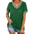 thumbnail image 1 of Luiryar Women Juniors Short Sleeve Patchwork V-Neck Tunic Tops Summer Loose Casual T-Shirt, 1 of 5