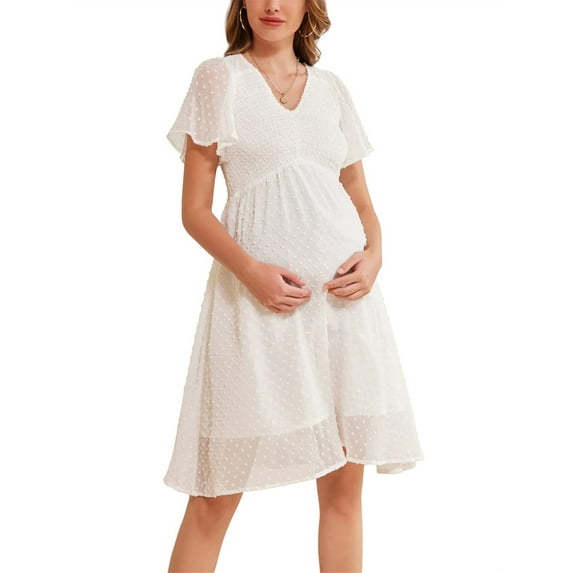 Luiryar Women Summer Plus Size Loose Pregnant Dress, Plain Dots Short Sleeve V-Neck Maternity High Waist Pregnancy Dress