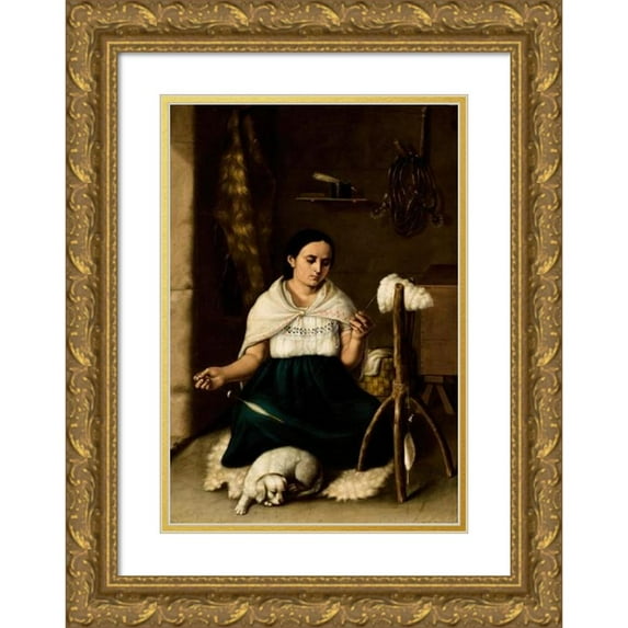 Luis Cadena 11x14 Gold Ornate Wood Frame and Double Matted Museum Art Print Titled - Woman Spinning (Hilandera) (1859)