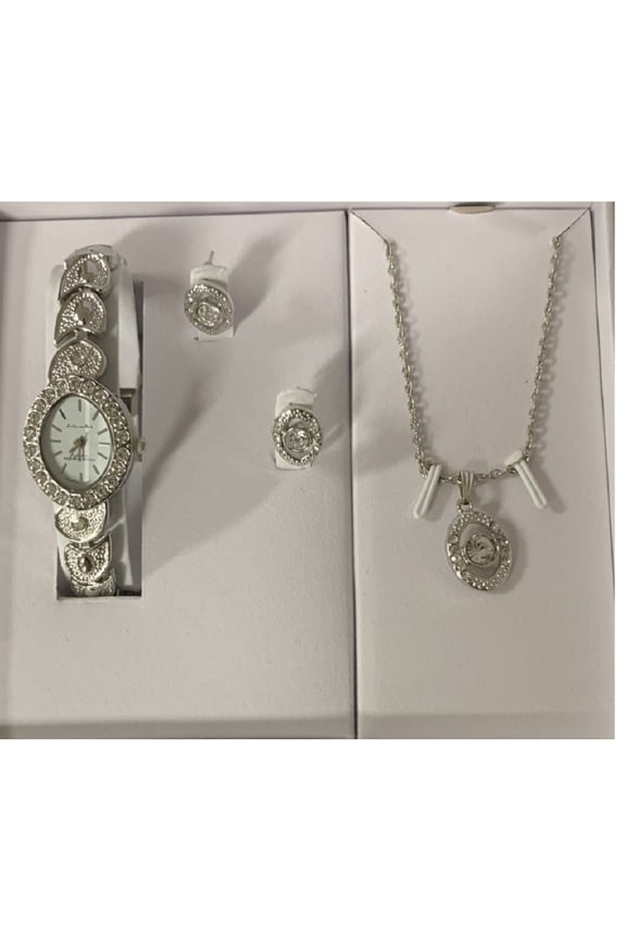 Luis Cardini Women's Silver Jewelry Set Necklace,pair of earrings with a watch
