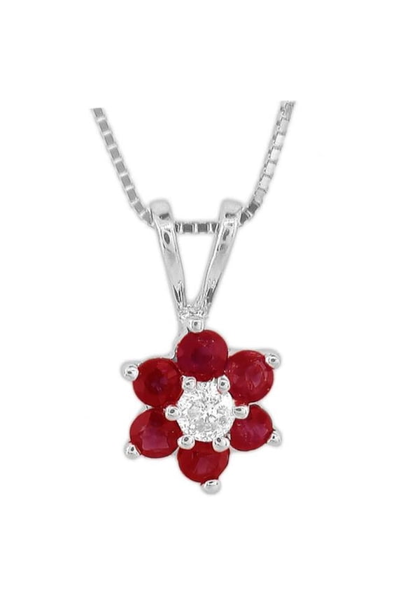 PRL1301RD 0.47 Ct. Flower Cluster Diamond And Natural Heated Ruby Pendant In 14K Gold