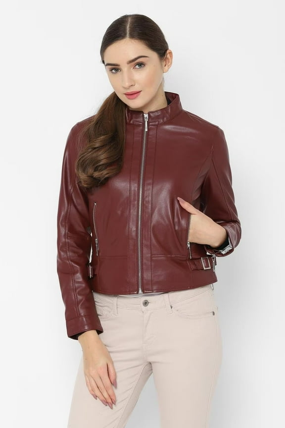 Genuine Bordeaux Racer Women Leather Jacket With Contrast Mandarin Collar Front Zipper Long Sleeves Party Wear