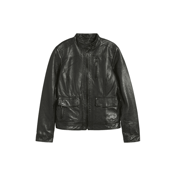 Luis Leather Genuine Leather Black Racer Jacket For Women With 2 flap pockets Band Collar Front Zipper For Racing Party Wear