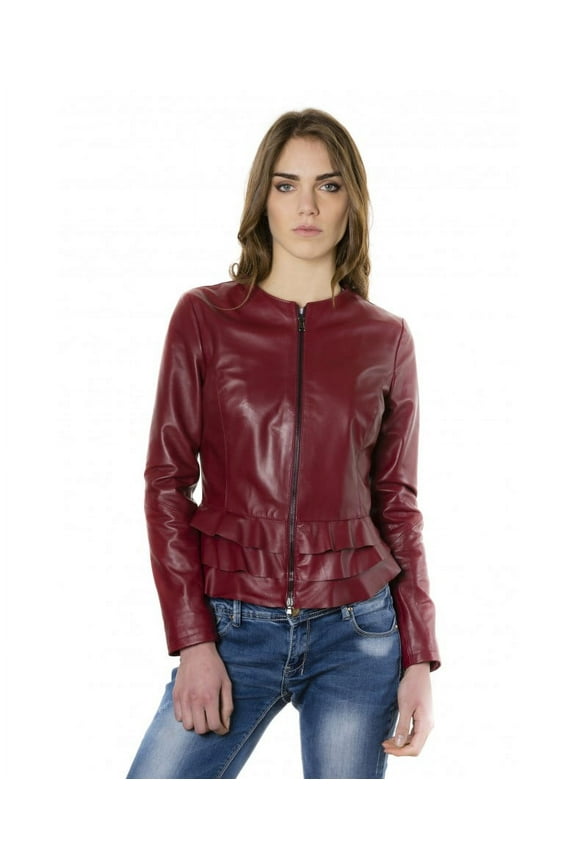 Genuine Leather Bordeaux Casual Jacket For Women With Flounces Front Zipper Long Sleeves For Party Wear