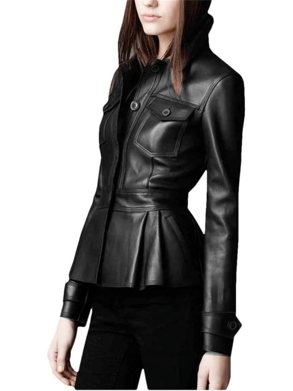 Lambskin Women’s Peplum Single Breasted Black Leather Flared Jacket For Motorcycling Partywear