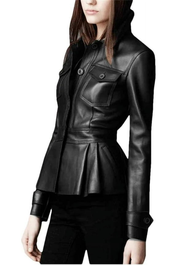 Lambskin Women’s Peplum Single Breasted Black Leather Flared Jacket For Motorcycling Partywear
