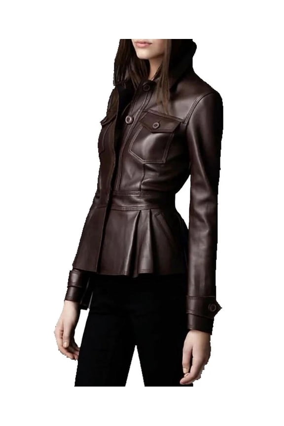 Lambskin Women’s Peplum Single Breasted Brown Leather Flared Jacket For Motorcycling Partywear