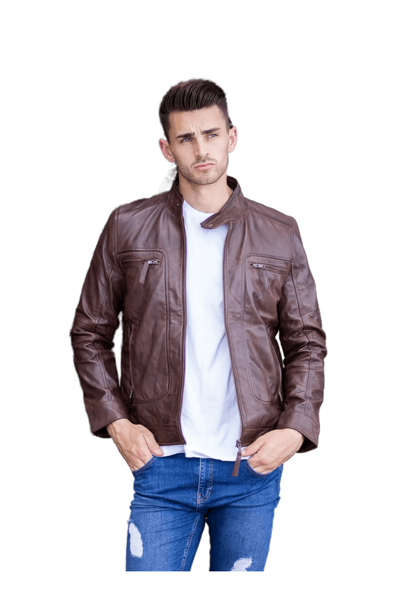 Men's Casual Leather Jacket - Cafe Racer Syle Real Lambskin Leather Jackets for Men