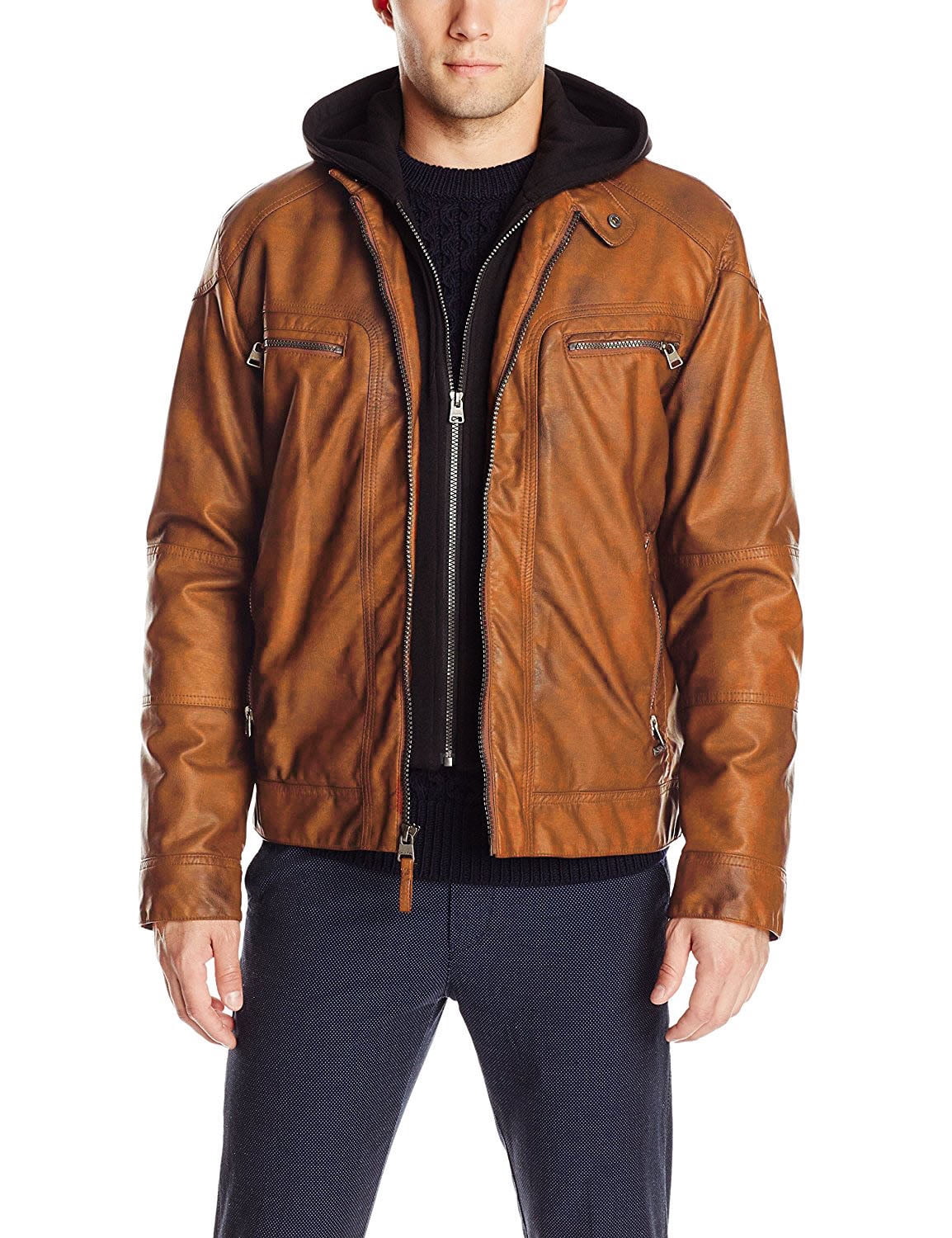 Luis Leather Mens Solid Hoody Genuine Lambskin Leather Jacket, Biker Jacket With Removable Hood