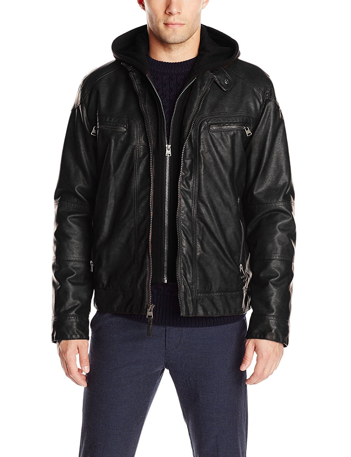Luis Leather Mens Solid Hoody Genuine Lambskin Leather Jacket, Biker Jacket With Removable Hood
