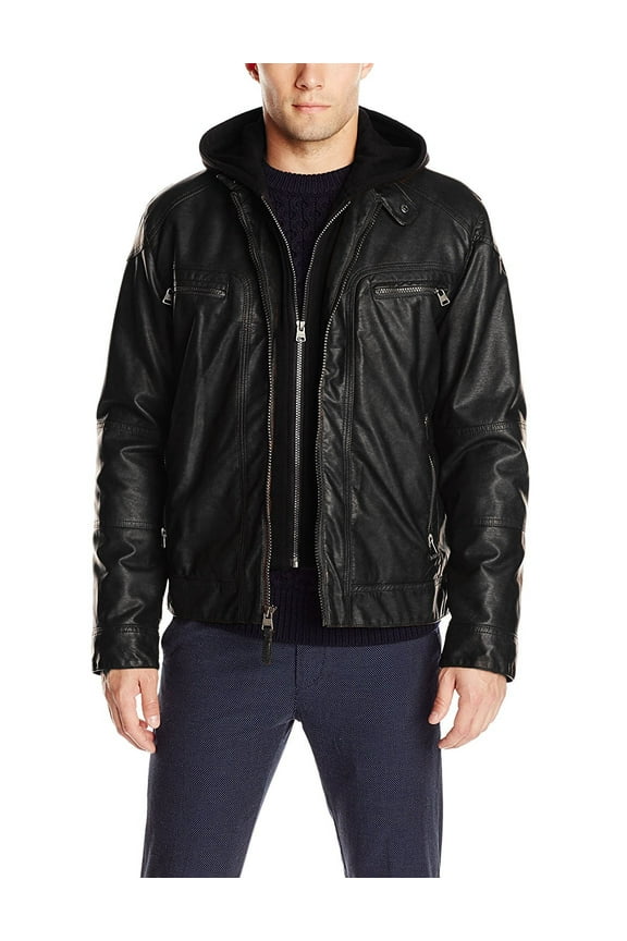 Mens Solid Hoody Genuine Lambskin Leather Jacket, Biker Jacket With Removable Hood