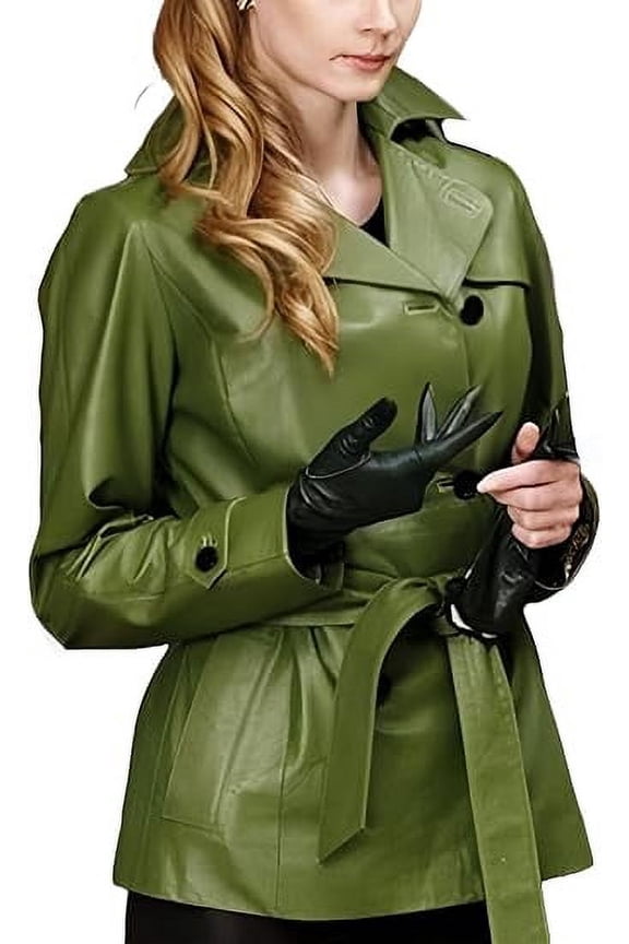 Stylish Svetlana Slimfit Genuine Leather Coat For Women - Belted Green Costume Coats