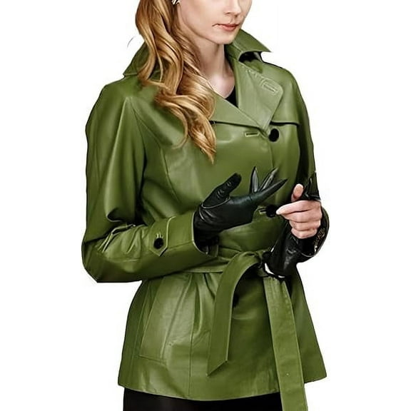 Luis Leather Stylish Svetlana Slimfit Genuine Leather Coat For Women - Belted Green Costume Coats