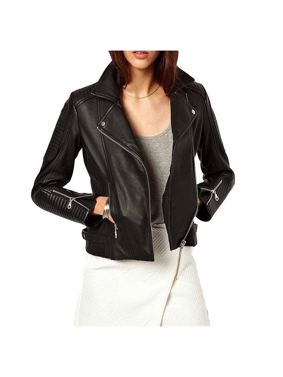 Women's Coral Black Robotic Lambskin Leather Jacke for the Classic Biker Style