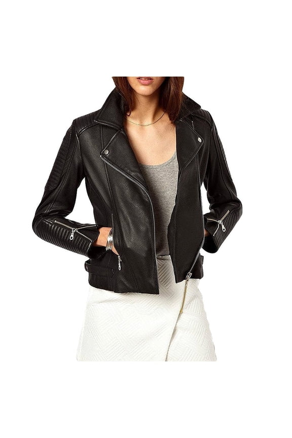 Women's Coral Black Robotic Lambskin Leather Jacke for the Classic Biker Style