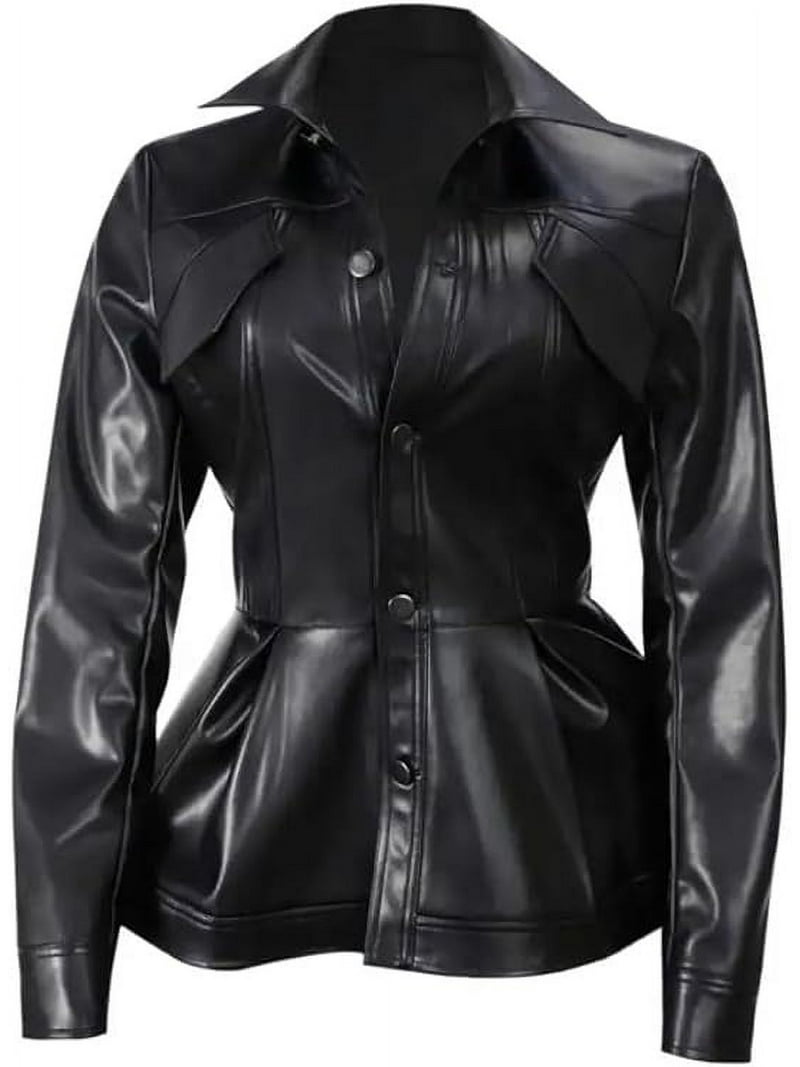 Luis Leather Women's Genuine Black Leather Peplum Flared Jacket