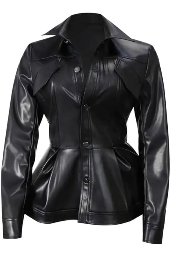 Women's Genuine Black Leather Peplum Flared Jacket.