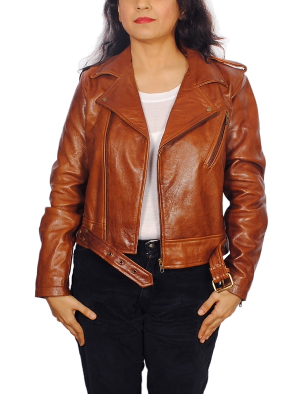 Women's Lambskin Leather Biker Tan Jacket Custom