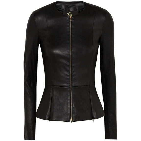 Luis Leather Women's Peplum Drowned Black Genuine Lambskin Biker Leather Jacket Medium