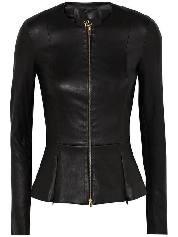 Women's Peplum Drowned Black Genuine Lambskin Biker Leather Jacket Medium