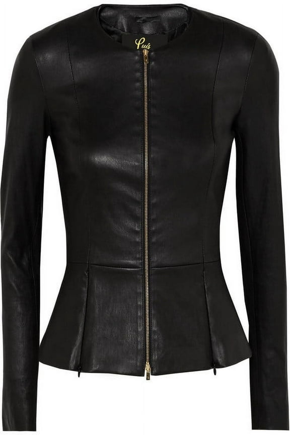 Women's Peplum Drowned Black Genuine Lambskin Biker Leather Jacket Small