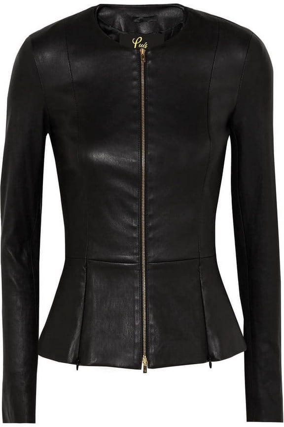 Women's Peplum Drowned Black Genuine Lambskin Biker Leather Jacket XX-Small