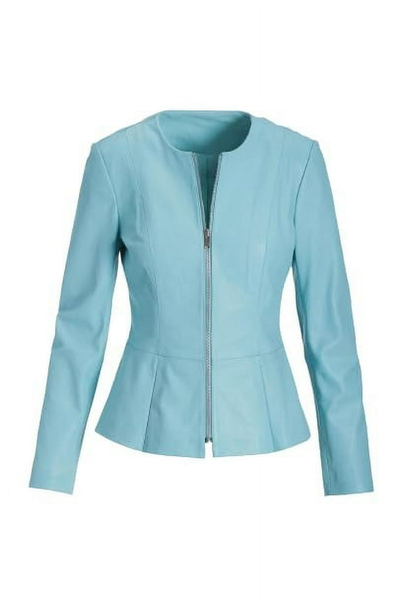 Women's Peplum Drowned Blue Genuine Lambskin Biker Leather Jacket Large