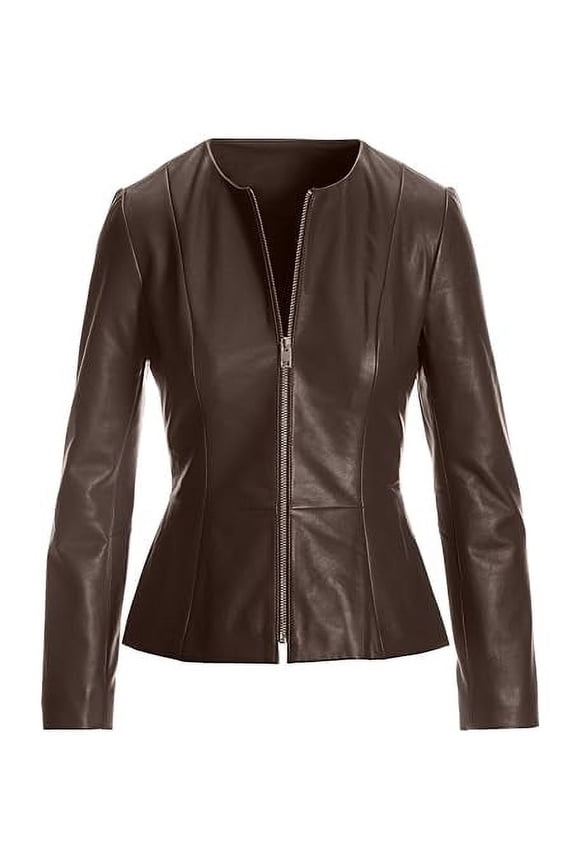 Women's Peplum Drowned Brown Genuine Lambskin Biker Leather Jacket Medium