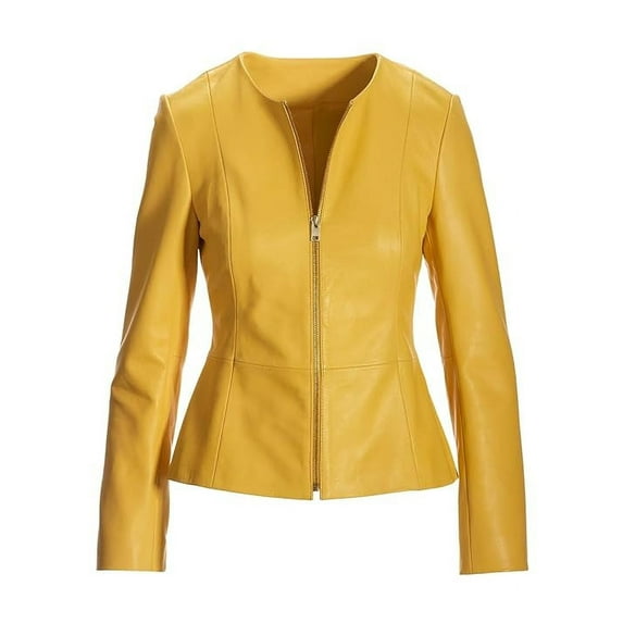 Luis Leather Women's Peplum Drowned Yellow Genuine Lambskin Biker Leather Jacket X-Large
