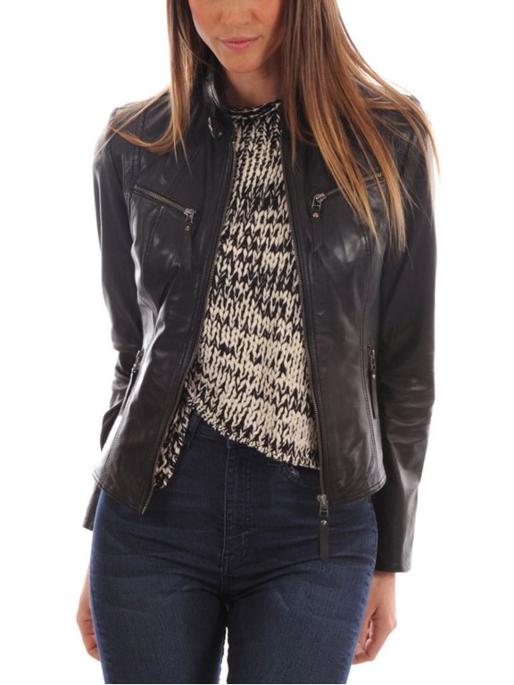 Womens Genuine Gaezy Black Lambskin Leather Jacket, Biker Jacket