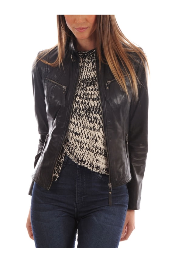 Womens Genuine Gaezy Black Lambskin Leather Jacket, Biker Jacket