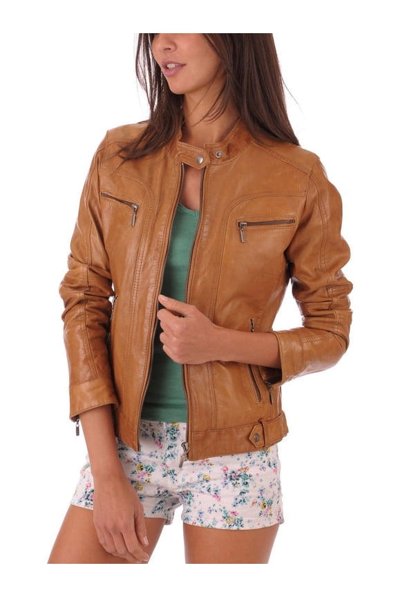 Womens Leather Jacket Motorcycle Bomber Solid Crispy Black Real Leather Jacket Women