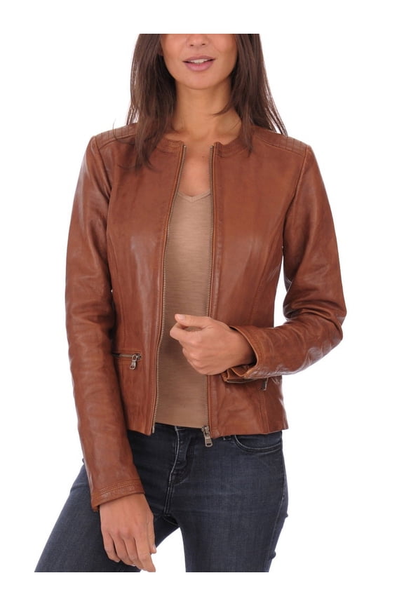 Womens Moto Browny Lambskin Genuine Leather Jacket, Biker Jacket