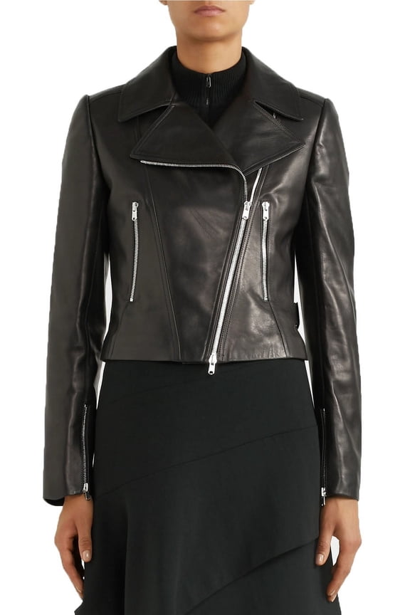 Womens Solid Black Biker Lambskin Genuine Leather Jacket