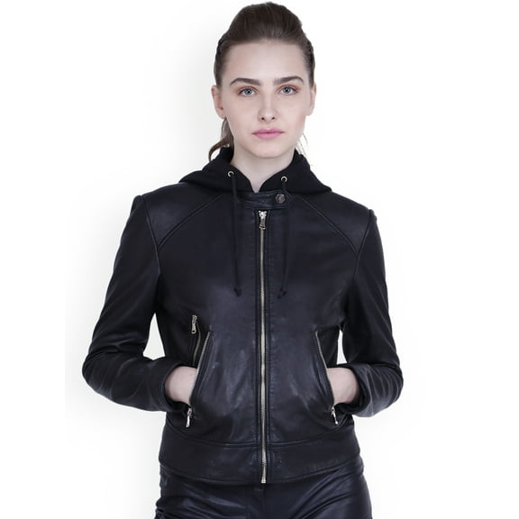 Luis Leather Womens Tough Black Hoody Genuine Leather Jacket, Hoody Jacket with Detachable Hood
