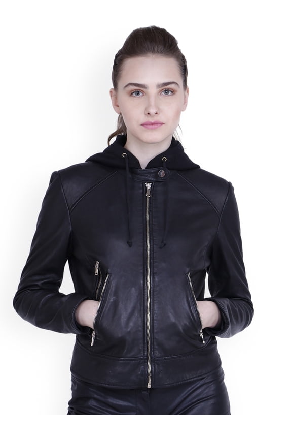 Womens Tough Black Hoody Real Genuine Leather Jacket, Hoody Jacket with Detachable Hood
