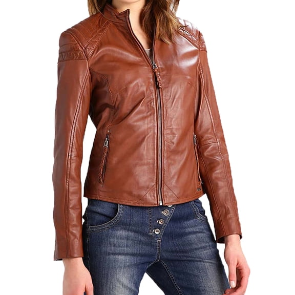 Luis Leather Womens Tough Brown Moto Biker Lambskin Genuine Leather Jacket, Biker Jacket