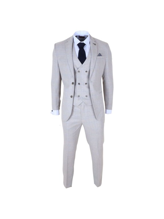 Luis - Men's Cream Plaid Check Slim Fit 3 Piece Suit