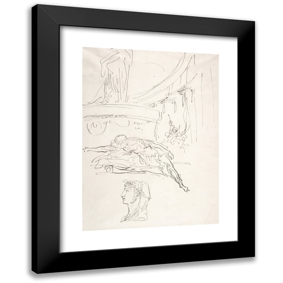Luis Paret y Alcázar 11x14 Black Modern Framed Museum Art Print Titled - Sheet of Studies, Including a Roman Head, a Male Figure on a Pyre, and a Colonnade. (1746-99)