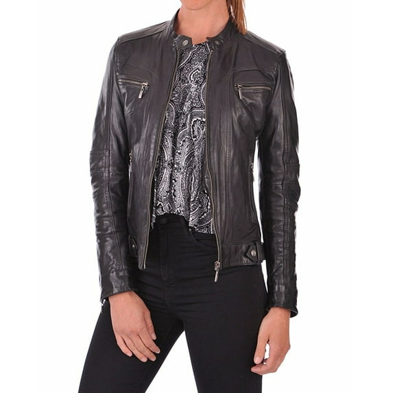 Luis Women's Lambskin Leather Black Bomber Biker Jacket