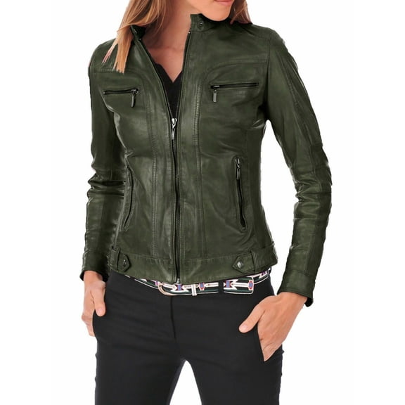 Luis Women's Lambskin Leather Green Bomber Biker Jacket