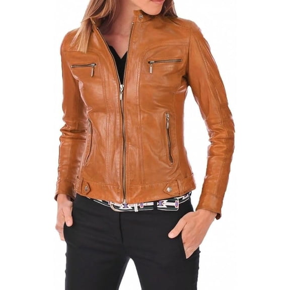 Luis Women's Lambskin Leather Tan Bomber Biker Jacket 3X-Large