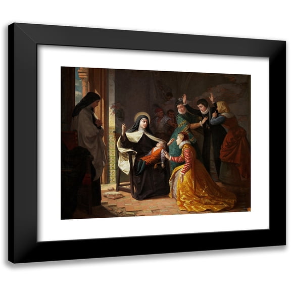 Luis de Madrazo y Kuntz 14x12 Black Modern Framed Museum Art Print Titled - First Miracle of Santa Teresa De Jesus. Resurrection of His Nephew Don Gonzalo Ovalle, Son of His Sister Dona Juan