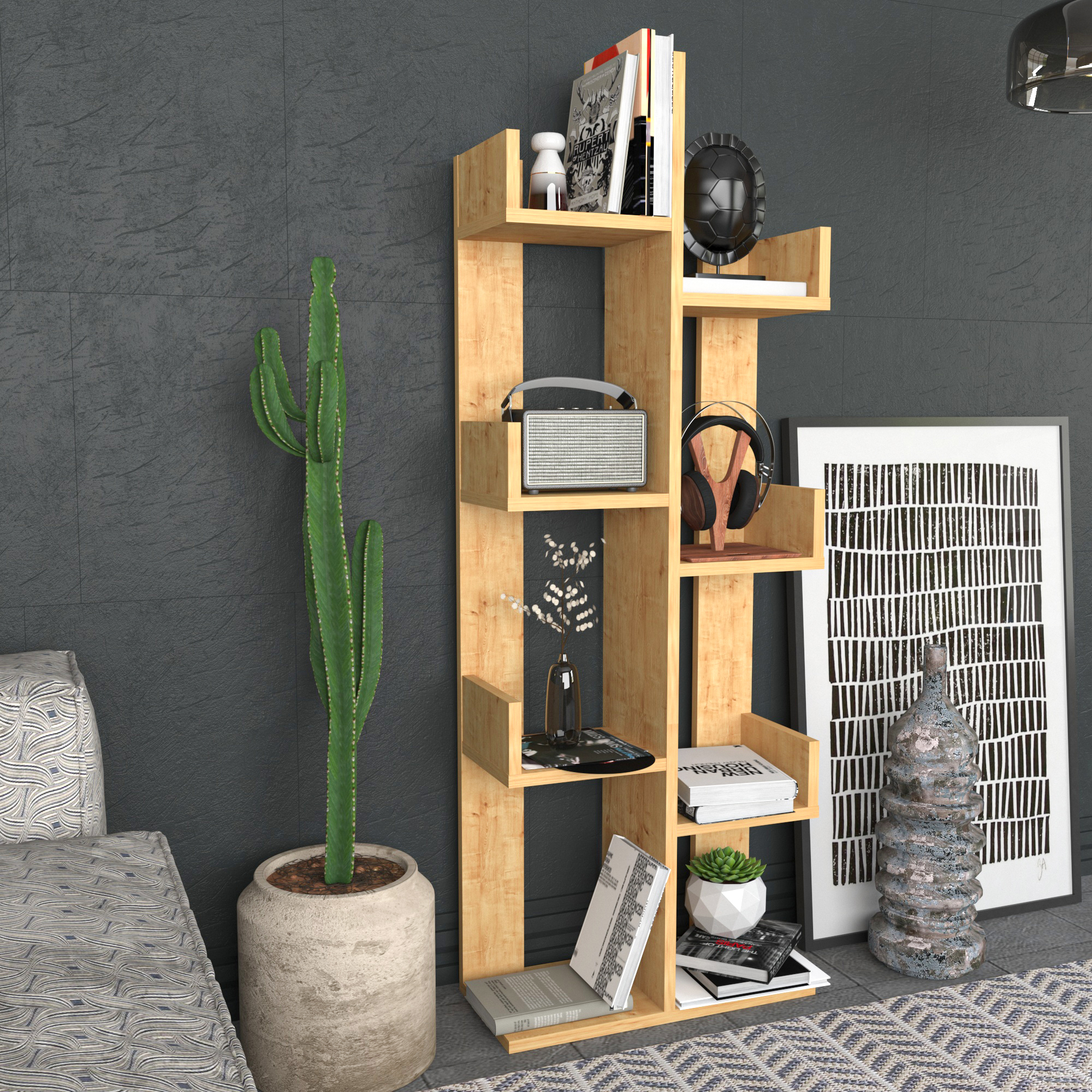 Luisa Bookshelf, Tree Shaped Bookcase with 8 Storage Shelves Sapphire