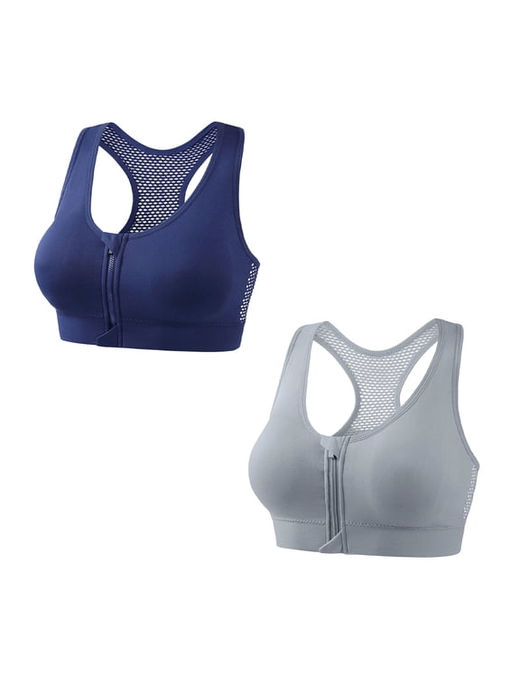 2PC Sports Bras for Women Plus Size Front Zipper Bras Fashion Comfy Solid Color Racerback Bralettes, S-4XL