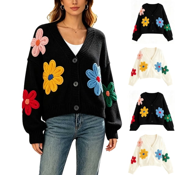 Luivaraty Cardigan Sweaters for Women Knitted Fllowers Sweater Soft Warm Round Neck Fall Winter Button Down Sweaters, S-XL