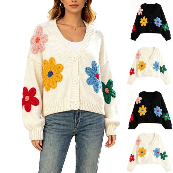 Luivaraty Cardigan Sweaters for Women Knitted Fllowers Sweater Soft Warm Round Neck Fall Winter Button Down Sweaters, S-XL
