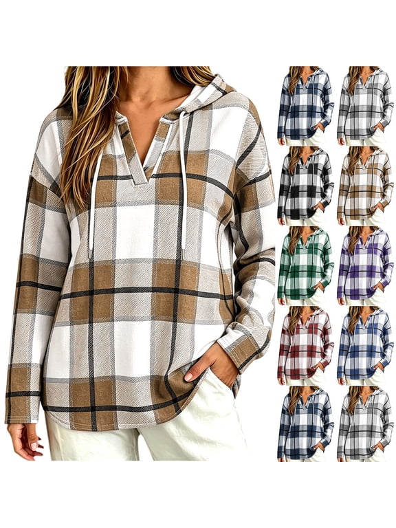 Flannel Shirts for Women Drawstring V Neck Hooded Shirts Comfy Loose Long Sleeve Plaid Pullover,S-2XL