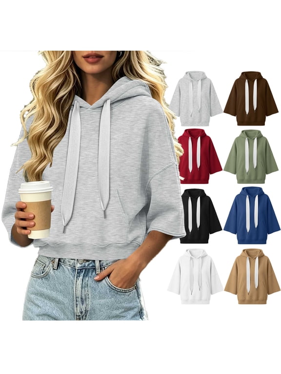 Hoodies for Women 3/4 SleevesSweatshirt Fashion Trendy Wide Drawstring Front Pocket Short Cut Fall Outfits, S-2XL